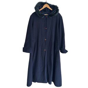 Vintage Eaton’s Utex Wool Cashmere Navy Blue Long Coat‎ Fur Hood Lined Sz 14